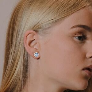 March 18k White Gold Aquamarine Birthstone Diamond Halo Stud Earrings S925 Gem